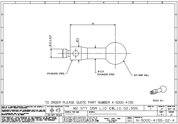 Renishaw, M2 Ø5 mm ruby ball, stainless steel stem, L 10 mm, EWL 10 mm, A-5000-4155