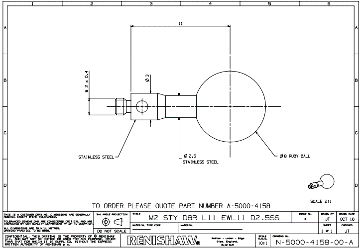 Renishaw, M2 Ø8 mm ruby ball, stainless steel stem, L 11 mm, EWL 11 mm, A-5000-4158