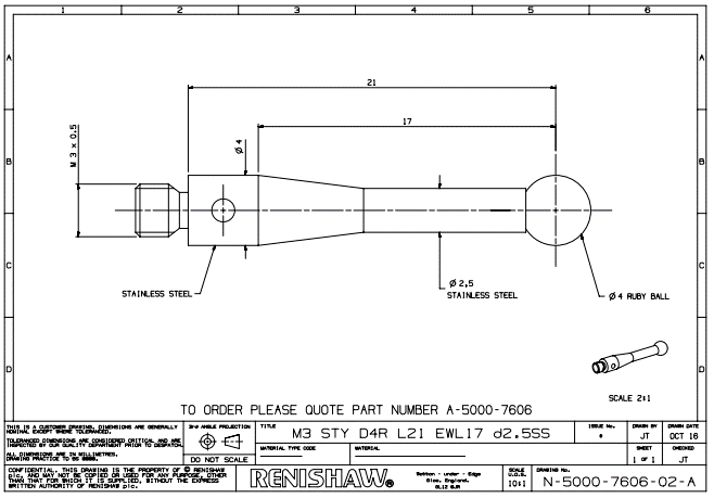 Renishaw, M3 Ø4 mm ruby ball, stainless steel stem, L 21 mm, EWL 17.2 mm, A-5000-7606