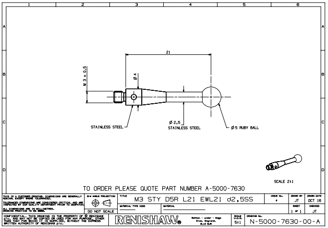 Renishaw, M3 Ø5 mm ruby ball, stainless steel stem, L 21 mm, EWL 21 mm, A-5000-7630