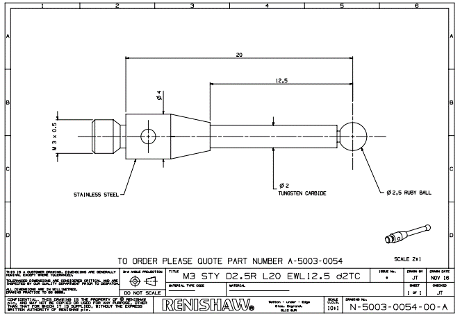 Renishaw, M3 Ø2.5 mm ruby ball, tungsten carbide stem, L 20.2 mm, EWL 12.7 mm, A-5003-0054