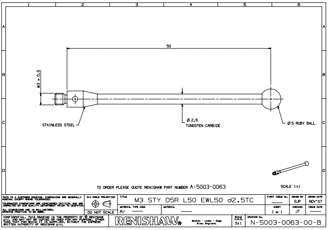 Renishaw, M3 Ø5 mm ruby ball, tungsten carbide stem, L 50 mm, EWL 50 mm, A-5003-0063