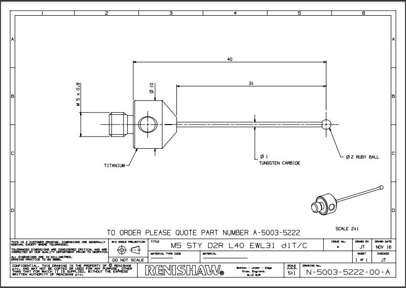 Renishaw, M5 Ø2 mm ruby ball, tungsten carbide stem, L 40 mm, EWL 31 mm, A-5003-5222