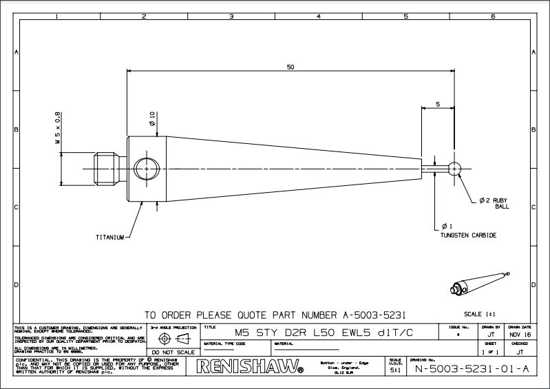 Renishaw, M5 Ø2 mm ruby ball, tungsten carbide stem, L 50 mm, EWL 5 mm, A-5003-5231