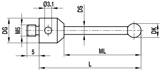 Renishaw, M5 Ø3 mm ruby ball, tungsten carbide stem, L 25.5 mm, ML 16.5 mm, long thread, for Zeiss applications, A-5555-3828