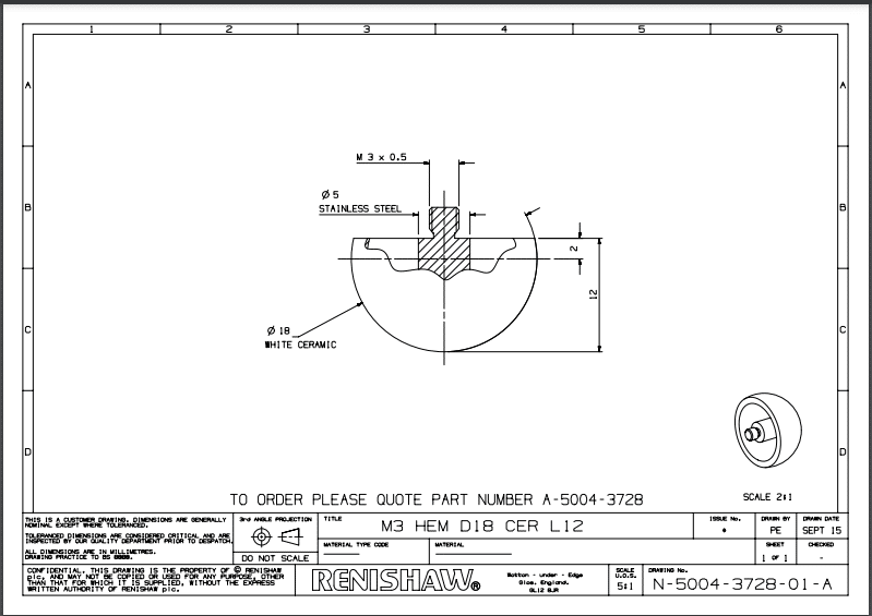 Renishaw, M3 Ø18 mm ceramic hemisphere, L 12 mm, A-5004-3728